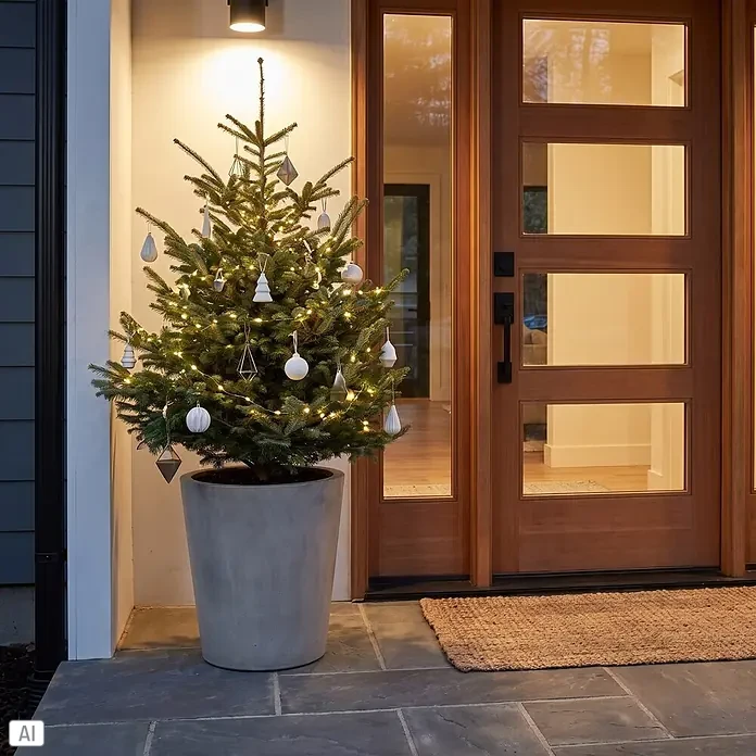 Piardino Nordmanntanne getopft - 125 cm - 150 cm, Abies nordmanniana, Topfgewachsen - Geschmückter Weihnachtsbaum im Topf mit Lichtern und modernen Kugeln vor einer Holztür.