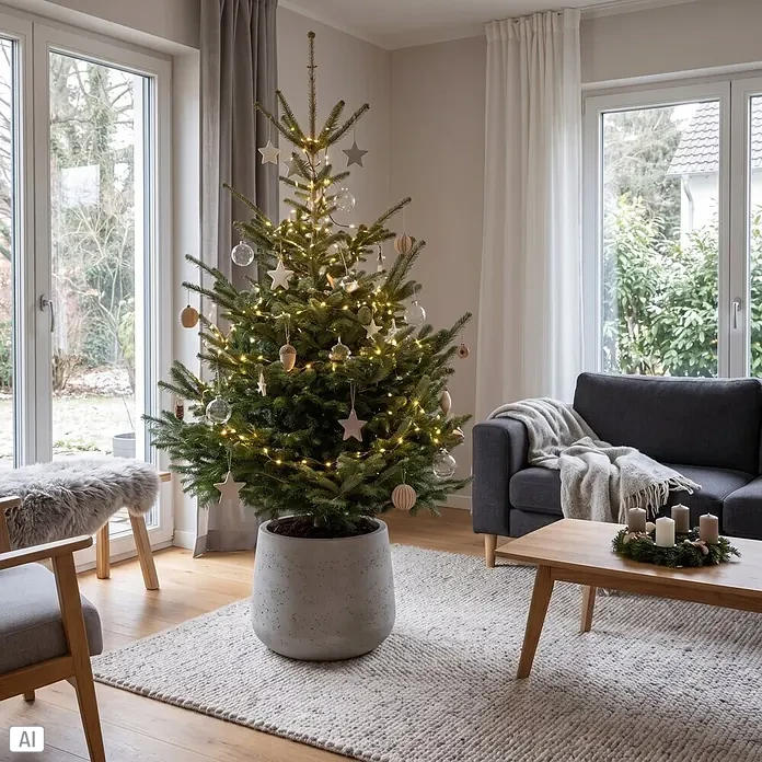 Piardino Nordmanntanne getopft - 150 cm - 175 cm, Abies nordmanniana, Topfgewachsen - Ein geschmückter Weihnachtsbaum im Betonkübel mit Lichtern und Ornamenten in einem modernen Wohnzimmer.