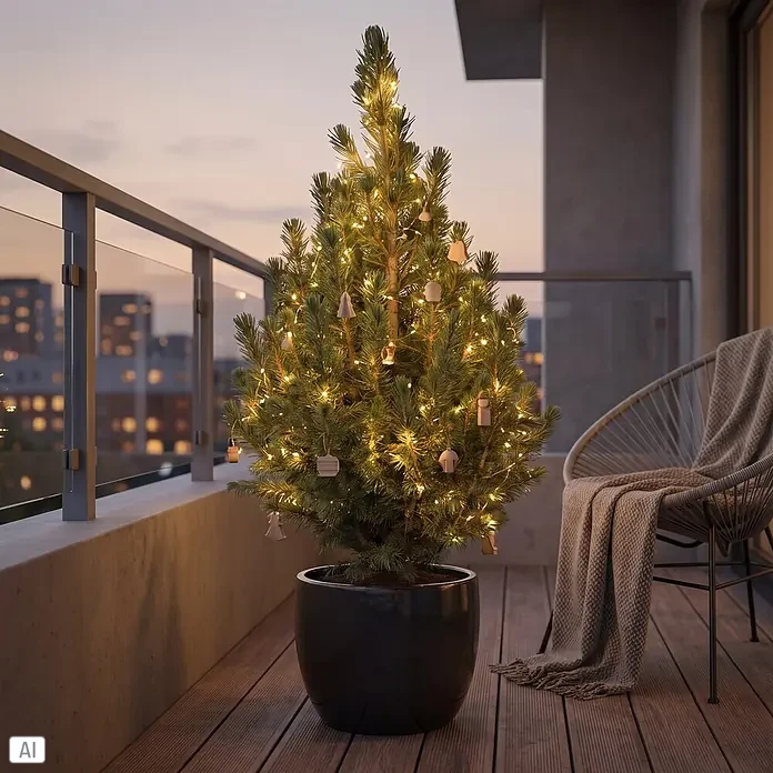 Piardino Zuckerhutfichte getopft - 70 cm - 80 cm, Picea glauca Conica, Topfgröße: 8 l - Ein geschmückter Tannenbaum im Topf mit warmen Lichterketten und Holzornamenten auf einem Balkon in der Abenddämmerung.