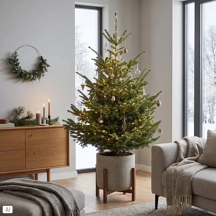 Piardino Nordmanntanne getopft - 125 cm - 150 cm, Abies nordmanniana, Topfgewachsen - Ein Weihnachtsbaum mit warmen Lichtern und geometrischen Ornamenten in einem Betonkübel mit Holzständer, in einem modernen Wohnzimmer mit winterlicher Aussicht.