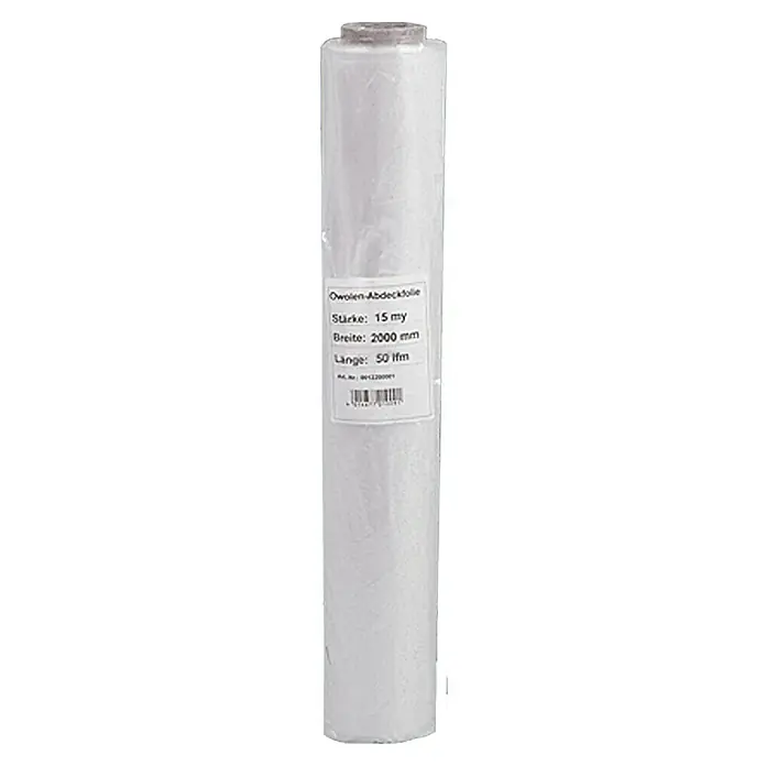 Probau Abdeckfolie - 50 m x 2 m x 0,01 mm, Polyethylen, Max. Anwendungsfläche: 100 m² - Bild einer Rolle Owolen-Abdeckfolie mit den Maßen 15 my Stärke, 2000 mm Breite und 50 Ifm Länge.