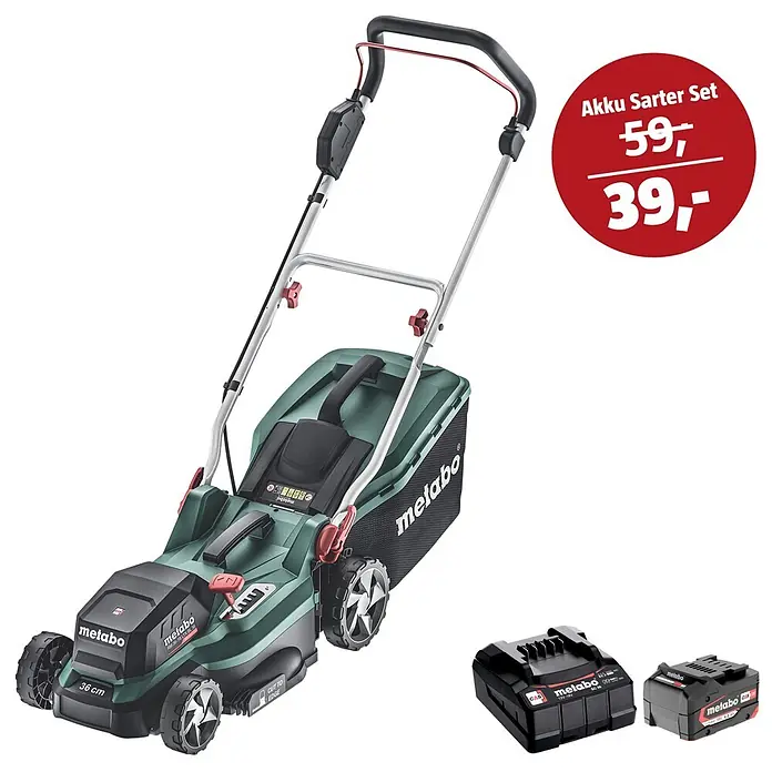 Metabo CAS 18V Maschinen-Set - Akku-Rasenmäher RM 36-18 LTX BL 36 + 39€ Akku-Basis-Set - Grüner Metabo Akku-Rasenmäher (36cm) mit Akku und Ladegerät. Akku Starter Set Sonderpreis: 39 statt 59.