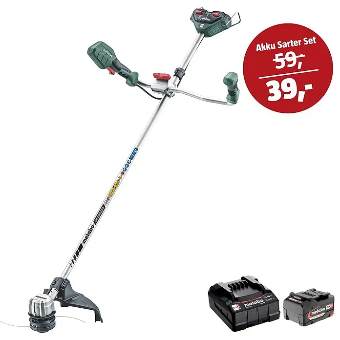 Metabo CAS 18V Maschinen-Set - Akku-Rasentrimmer FSB 36-18 LTX BL 40 + 39€ Akku-Basis-Set - Grüner Metabo Akku-Freischneider mit silbernem Schaft, einem schwarzen Metabo Akkupack und Ladegerät. Ein roter Kreis hebt ein 'Akku Starter Set' Angebot hervor.
