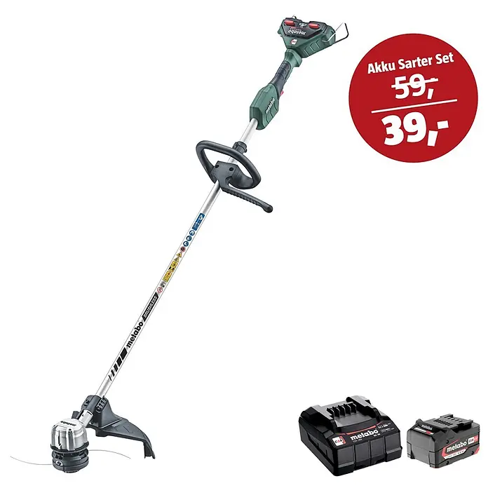 Metabo CAS 18V Maschinen-Set - Akku-Rasentrimmer FSD 36-18 LTX BL 40 + 39€ Akku-Basis-Set - Metabo Akku-Freischneider in Grün und Schwarz, präsentiert mit zwei passenden Akkus als Starter-Set.