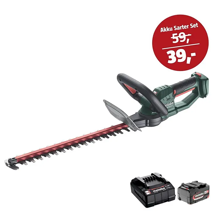 Metabo CAS 18V Maschinen-Set - Akku-Heckenschere HS 18 LTX 45 + 39€ Akku-Basis-Set - Metabo Akku-Heckenschere (grün/schwarz, rote Klingen) und zwei Li-Power Akkus. Akku Starter Set für 39,-.