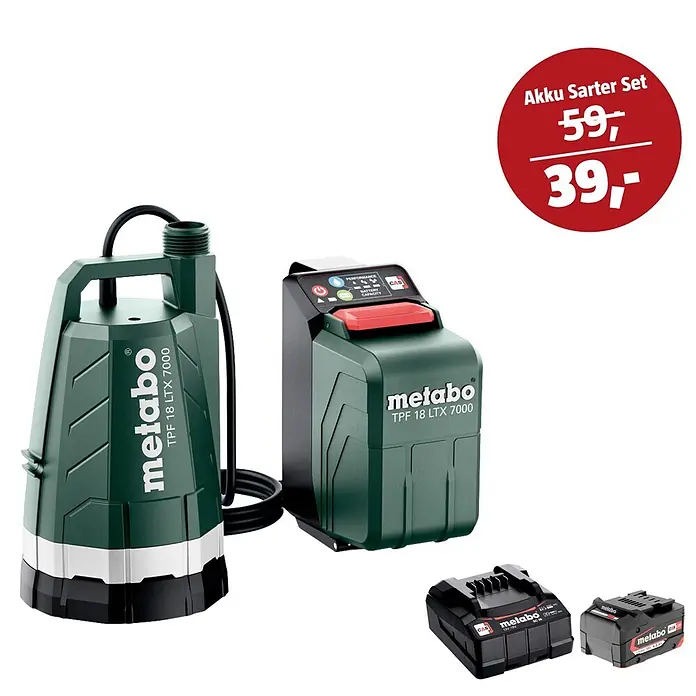 Metabo CAS 18V Maschinen-Set - Tauchpumpe TPF 18 LTX 7000 + 39€ Akku-Basis-Set - Grüne und schwarze Metabo Tauchpumpe (TPF 18 LTX 7000) mit Ladegerät, zwei Akkus und rotem 'Akku Starter Set' Aufkleber: 59,- runter auf 39,-.