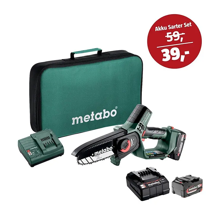 Metabo CAS 18V Maschinen-Set - Einhand-Akku-Kettensäge MS 18 LTX 15 mit Werkzeugtasche + 39€ Akku-Basis-Set - Metabo Akku Starter Set: grüne Tragetasche, Minikettensäge, Ladegerät und zwei schwarze Akkus.