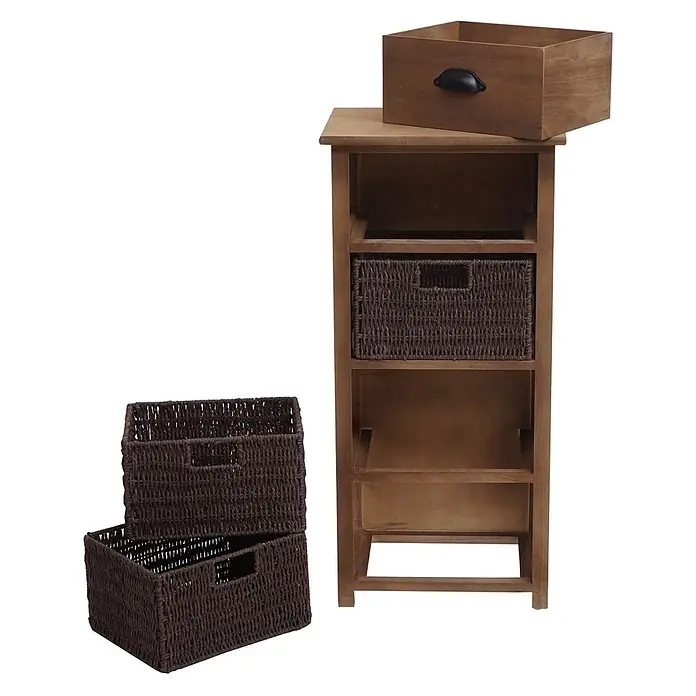 Mendler Kommode HWC-K84 - L x B x H: 40 x 29 x 83 cm, Dunkelbraun, Körbe dunkelbraun, Anzahl Schubladen: 1 Stk. - Braunes Holzregal mit Schublade und drei dunkelbraunen Weidenkörben, einer im Regal.