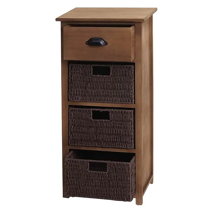 Mendler Kommode HWC-K84 - L x B x H: 40 x 29 x 83 cm, Dunkelbraun, Körbe dunkelbraun, Anzahl Schubladen: 1 Stk. - Braunes Holzregal mit einer Schublade und drei dunklen Flechtkörben.