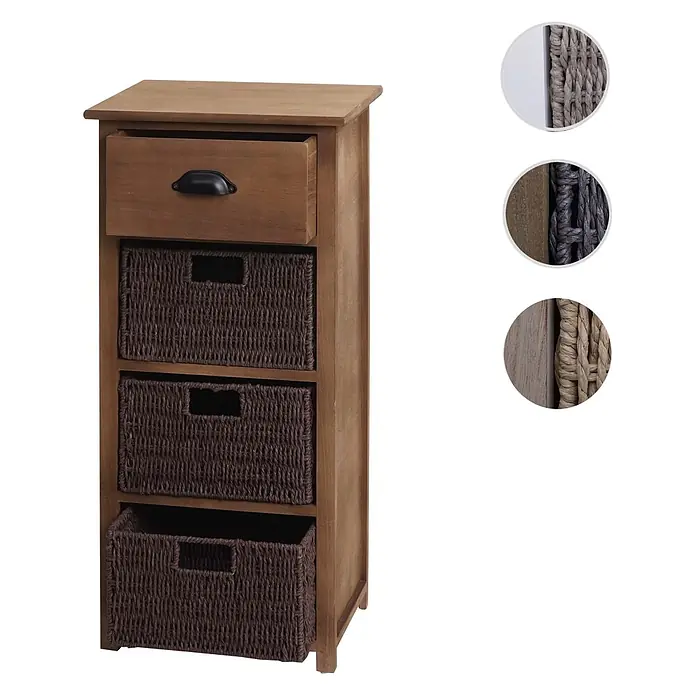 Mendler Kommode HWC-K84 - L x B x H: 40 x 29 x 83 cm, Dunkelbraun, Körbe dunkelbraun, Anzahl Schubladen: 1 Stk. - Brauner Holzschrank mit einer Schublade und drei dunkelbraunen geflochtenen Aufbewahrungskörben.