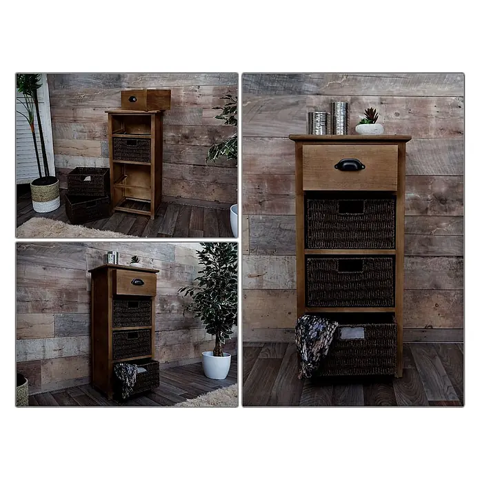 Mendler Kommode HWC-K84 - L x B x H: 40 x 29 x 83 cm, Dunkelbraun, Körbe dunkelbraun, Anzahl Schubladen: 1 Stk. - Hellbrauner Holzschrank mit einer Schublade und drei dunklen Weidenkörben, in rustikaler Umgebung gezeigt.