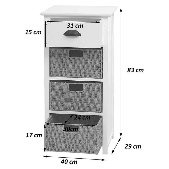 Mendler Kommode HWC-K84 - L x B x H: 40 x 29 x 83 cm, Dunkelbraun, Körbe dunkelbraun, Anzahl Schubladen: 1 Stk. - Weißes Holzregal mit einer Schublade und drei grauen Flechtkörben zur Aufbewahrung.