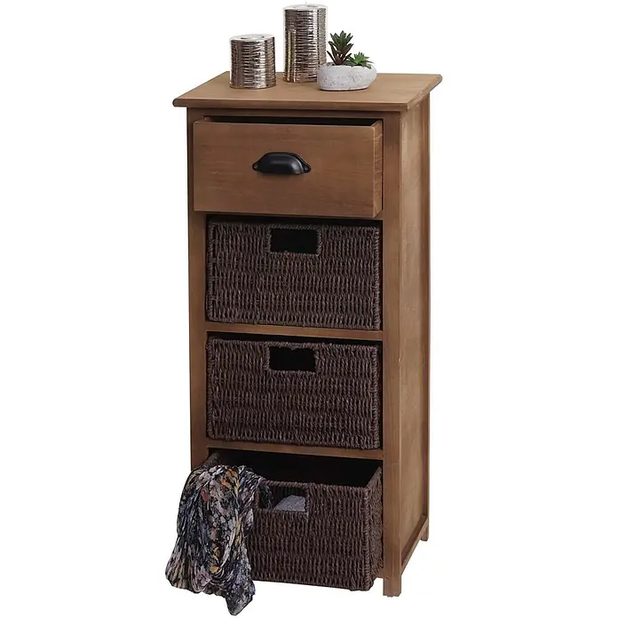 Mendler Kommode HWC-K84 - L x B x H: 40 x 29 x 83 cm, Dunkelbraun, Körbe dunkelbraun, Anzahl Schubladen: 1 Stk. - Hellbraune Holzaufbewahrungseinheit mit einer Schublade, drei dunklen Flechtkörben und schwarzem Griff. Ein Korb enthält Stoff.