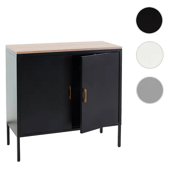 Mendler Kommode HWC-L84 2 Türen Metall 90x90x40cm - schwarz -  - Schwarzer Metallschrank mit heller Holzplatte, goldenen Griffen und zwei Türen, eine leicht geöffnet.