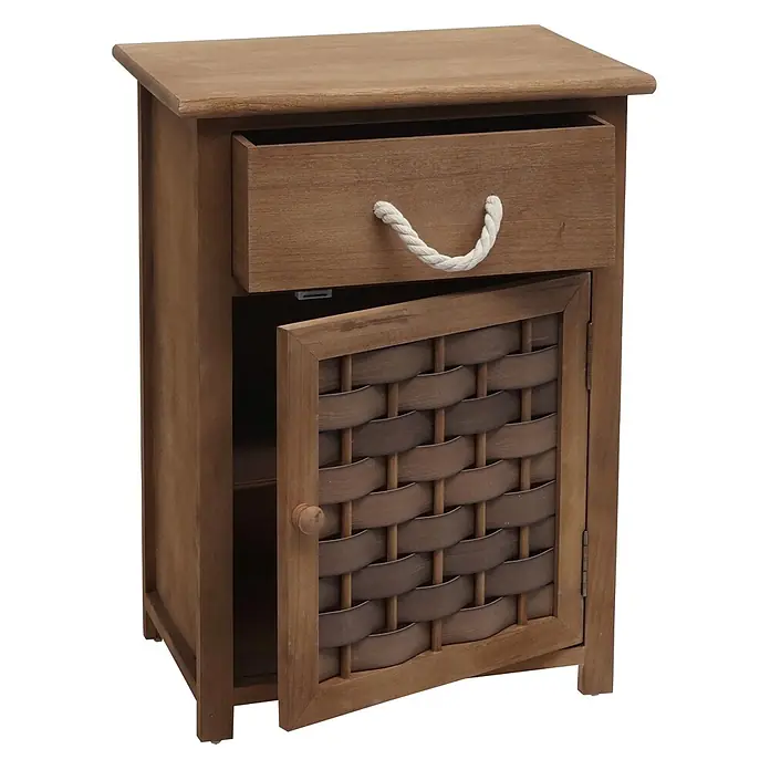 Mendler Kommode HWC-K83 Holz  - Dunkelbraun, Polyrattan Dunkelbraun -  - Nachttisch aus Naturholz mit offener Schublade, Seilgriff und offener Schranktür mit Flechtpaneel.