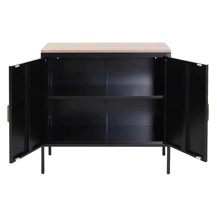 Mendler Kommode HWC-L84 2 Türen Metall 90x90x40cm - schwarz -  - Schwarzer Metallschrank mit heller Holzplatte, geöffneten Türen und einem verstellbaren Einlegeboden.