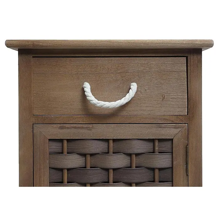 Mendler Kommode HWC-K83 Holz  - Dunkelbraun, Polyrattan Dunkelbraun -  - Brauner Holzschrank mit Schublade, weißem Seilgriff und Unterschrank mit geflochtener Rattanfront.