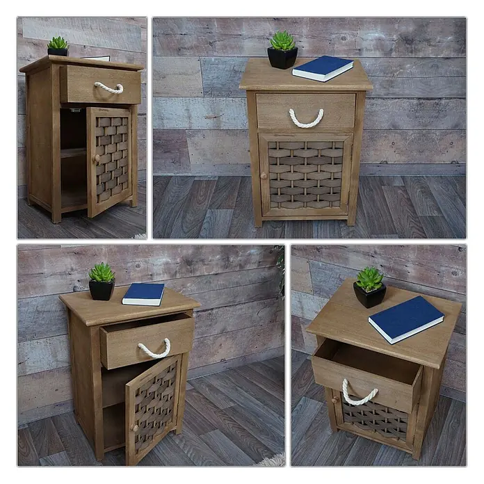 Mendler Kommode HWC-K83 Holz  - Dunkelbraun, Polyrattan Dunkelbraun -  - Hellbrauner Nachttisch aus Holz mit Seilgriffschublade und gewebter Schranktür.