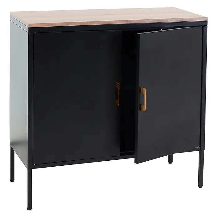 Mendler Kommode HWC-L84 2 Türen Metall 90x90x40cm - schwarz -  - Schwarzer Metallschrank mit heller Holzplatte und goldenen Griffen, auf schwarzen Beinen. Eine Tür ist leicht geöffnet.