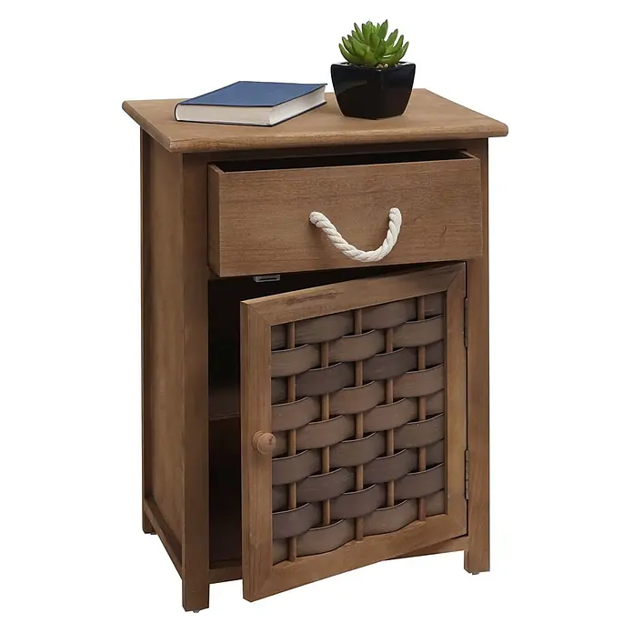 Mendler Kommode HWC-K83 Holz  - Dunkelbraun, Polyrattan Dunkelbraun -  - Hölzerner Nachttisch mit Schublade, Seilgriff und einer Schranktür mit geflochtener Platte.