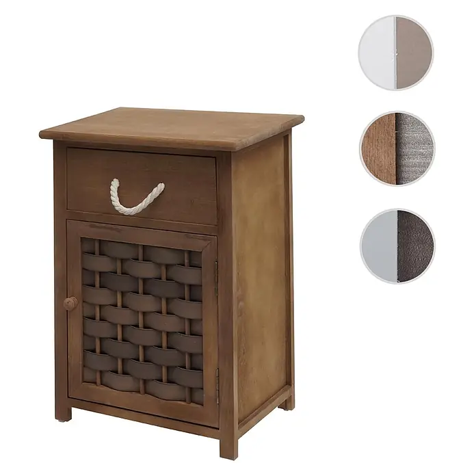 Mendler Kommode HWC-K83 Holz  - Dunkelbraun, Polyrattan Dunkelbraun -  - Nachttisch aus Holz mit Schublade, Seilgriff und einer Schranktür mit Flechtwerk.