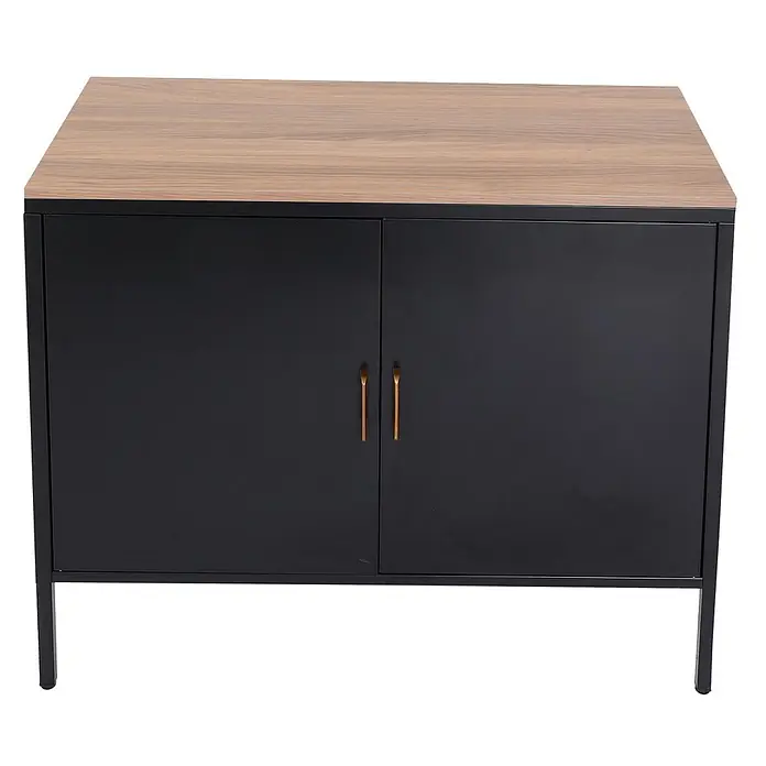 Mendler Kommode HWC-L84 2 Türen Metall 90x90x40cm - schwarz -  - Schwarzer Metallschrank mit heller Holzplatte und goldenen Griffen auf Metallbeinen.