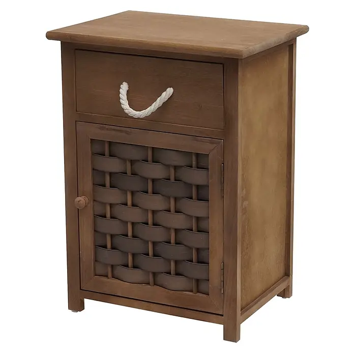 Mendler Kommode HWC-K83 Holz  - Dunkelbraun, Polyrattan Dunkelbraun -  - Brauner Nachttisch aus Holz mit weißem Seilgriff und geflochtener Schranktür.