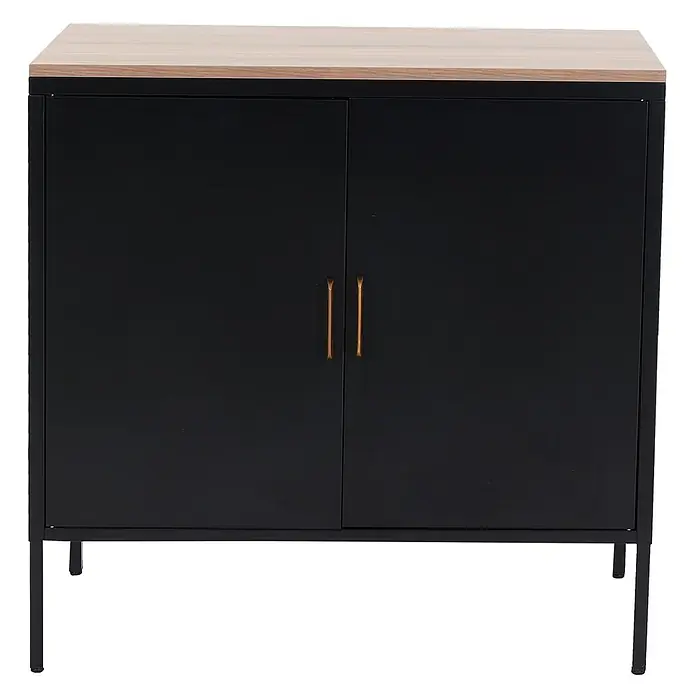 Mendler Kommode HWC-L84 2 Türen Metall 90x90x40cm - schwarz -  - Schwarzer zweitüriger Schrank mit heller Holzplatte, goldenen Griffen und schwarzen Metallbeinen.