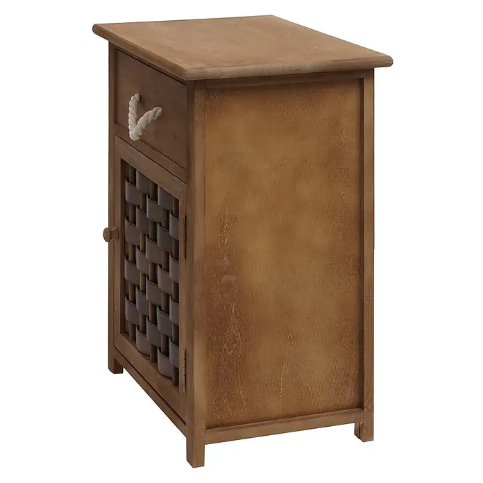 Mendler Kommode HWC-K83 Holz  - Dunkelbraun, Polyrattan Dunkelbraun -  - Hellbrauner Holz-Beistelltisch mit Seilzug-Schublade und gewebter Tür.