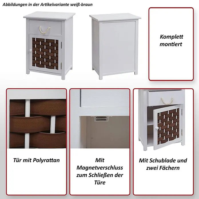 Mendler Kommode HWC-K83 Holz - grau, Polyrattan dunkelgrau -  - Weißer Nachttisch mit brauner Polyrattan-Tür, Schublade und zwei Fächern, komplett montiert.