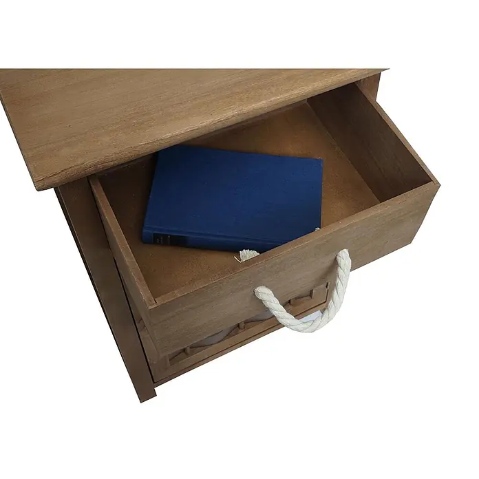 Mendler Kommode HWC-K83 Holz  - Dunkelbraun, Polyrattan Dunkelbraun -  - Offene hellbraune Holzschublade mit blauem Buch und weißem Seilgriff.