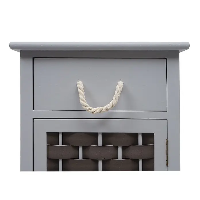 Mendler Kommode HWC-K83 Holz - grau, Polyrattan dunkelgrau -  - Grauer Holzschrank mit einer Schublade, Seilgriff und einer Tür mit Geflechtfüllung.