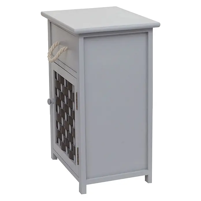 Mendler Kommode HWC-K83 Holz - grau, Polyrattan dunkelgrau -  - Helles graues Schränkchen mit Seilgriff-Schublade und dunkler geflochtener Tür.