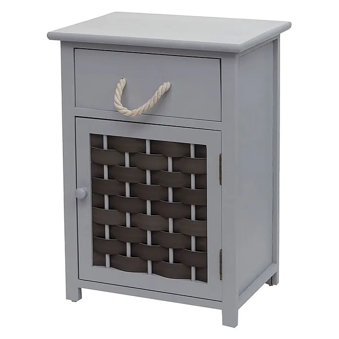 Mendler Kommode HWC-K83 Holz - grau, Polyrattan dunkelgrau -  - Grauer Nachttisch mit einer Schublade mit Seilgriff und einer Schranktür mit braunem Korbflechtmuster und kleinem Knopf.