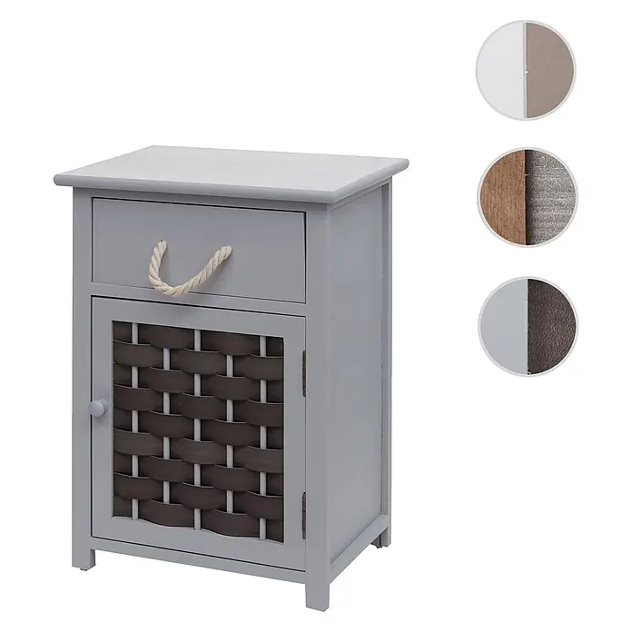 Mendler Kommode HWC-K83 Holz - grau, Polyrattan dunkelgrau -  - Grauer Nachttisch mit Schublade mit Seilgriff und einer Schranktür mit dunkelbraunem Flechtwerk.
