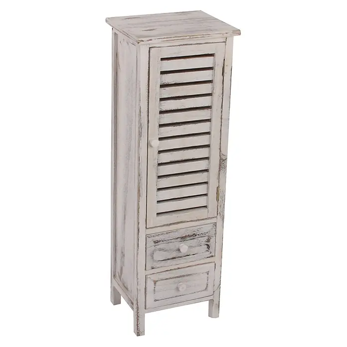 Mendler Kommode Shabby-Look, 90x30x25cm - weiß -  - Distressed weißer Holzschrank mit Lamellentür und zwei unteren Schubladen.