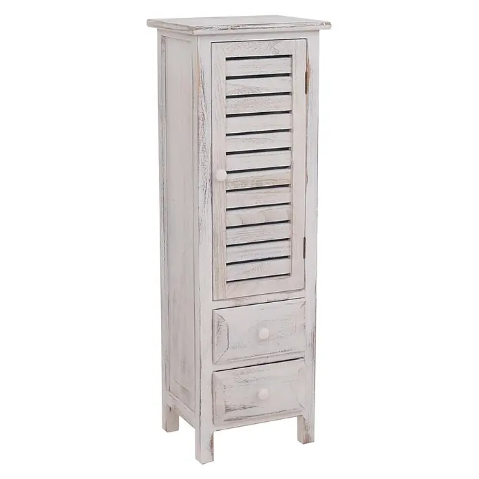Mendler Kommode Shabby-Look, 90x30x25cm - weiß -  - Hoher, weiß lasierter Holzschrank mit Lamellentür, zwei Schubladen und runden Knöpfen.