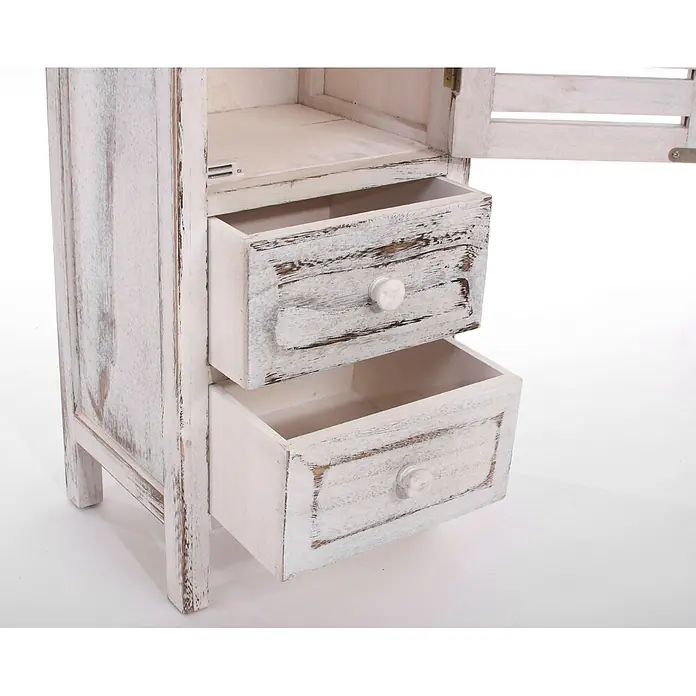 Mendler Kommode Shabby-Look, 90x30x25cm - weiß -  - Nachtschrank aus weiß gekalktem Holz mit zwei offenen Schubladen und einer angelehnten Lamellentür.