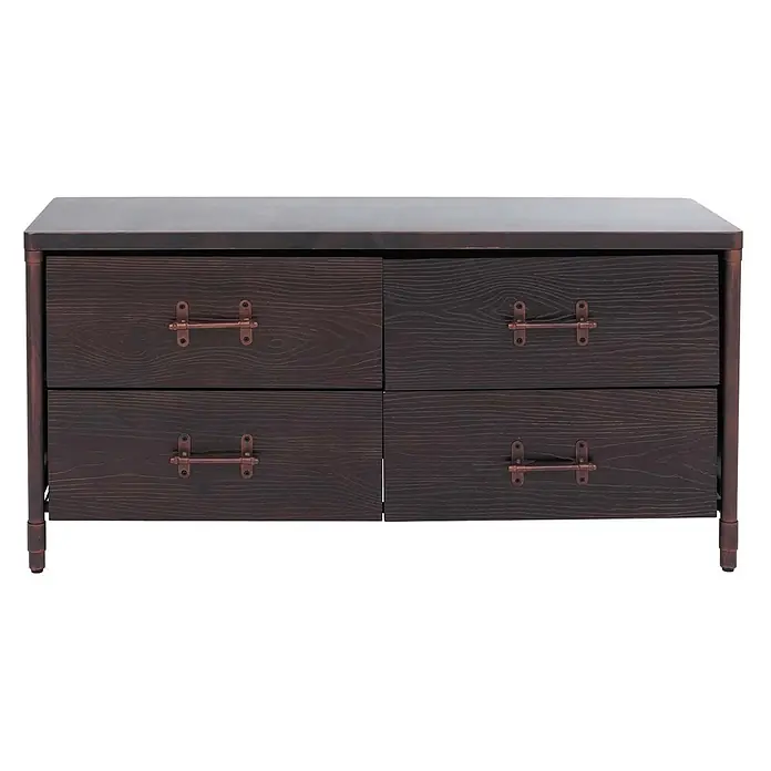 Mendler Kommode HWC-Q66 - L x B x H: 120 x 40 x 60 cm, Schwarz, Anzahl Schubladen: 4 Stk. - Dunkelbraune Kommode mit Holzmaserung, vier Schubladen und rustikalen kupferfarbenen Metallgriffen.