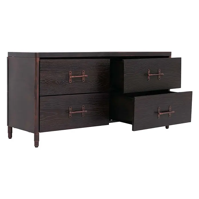 Mendler Kommode HWC-Q66 - L x B x H: 120 x 40 x 60 cm, Schwarz, Anzahl Schubladen: 4 Stk. - Dunkelbraune Holzkommode mit rustikalen Metall-H-Griffen, zwei Schubladen offen, mit Holzmaserung.