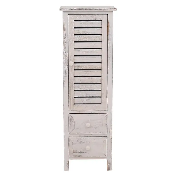 Mendler Kommode Shabby-Look, 90x30x25cm - weiß -  - Schmaler weiß gekalkter Holzschrank mit Lamellentür und zwei Schubladen mit runden Knöpfen.