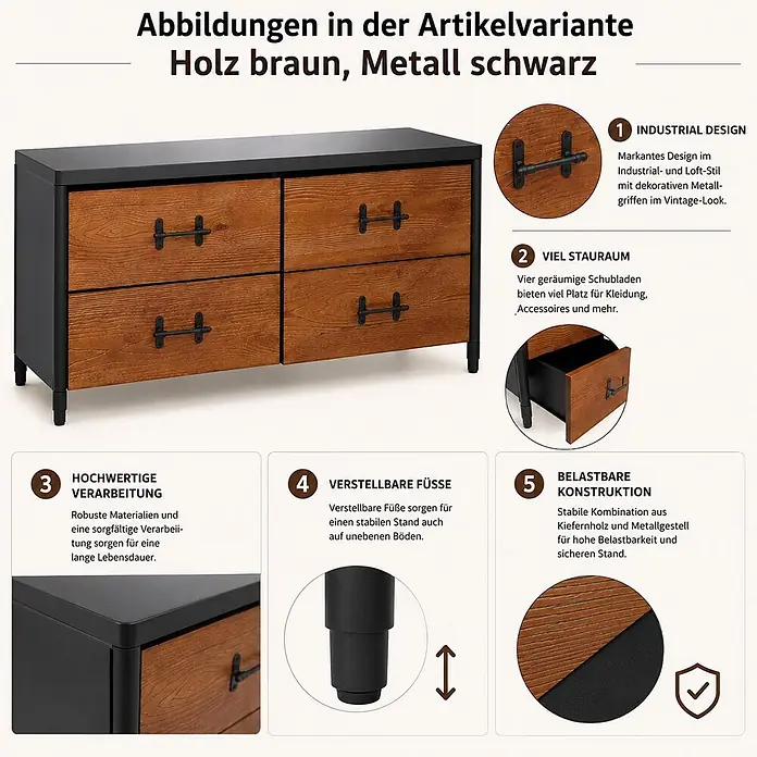 Mendler Kommode HWC-Q66 60x120x40cm - Holz braun, Metall schwarz -  - Braune Holzkommode mit schwarzem Metallrahmen und Griffen im Industrial-Stil. Mit vier geräumigen Schubladen.