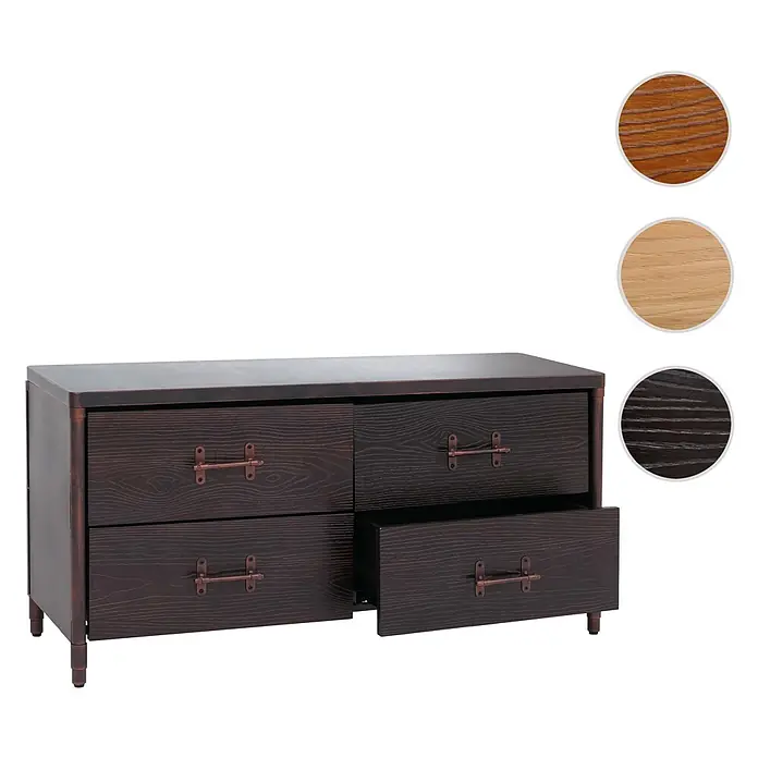 Mendler Kommode HWC-Q66 - L x B x H: 120 x 40 x 60 cm, Schwarz, Anzahl Schubladen: 4 Stk. - Dunkelbraune Holzkommode mit vier Schubladen und antik-messingfarbenen Griffen. Eine Schublade ist geöffnet.