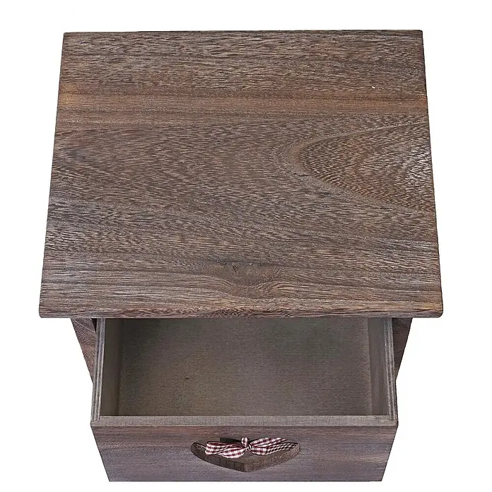 Mendler Kommode - L x B x H: 29 x 25 x 55 cm, Braun, Anzahl Schubladen: 3 Stk. - Dunkles Holzmöbel mit offener Schublade, herzförmigem Griff und kariertem Band.