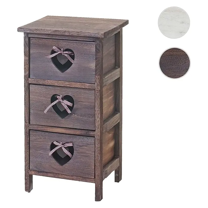 Mendler Kommode - L x B x H: 29 x 25 x 55 cm, Braun, Anzahl Schubladen: 3 Stk. - Dunkelbrauner Holzschrank mit 3 Schubladen, jede mit Herzausschnitt und kariertem Band. Ideal zur Aufbewahrung.