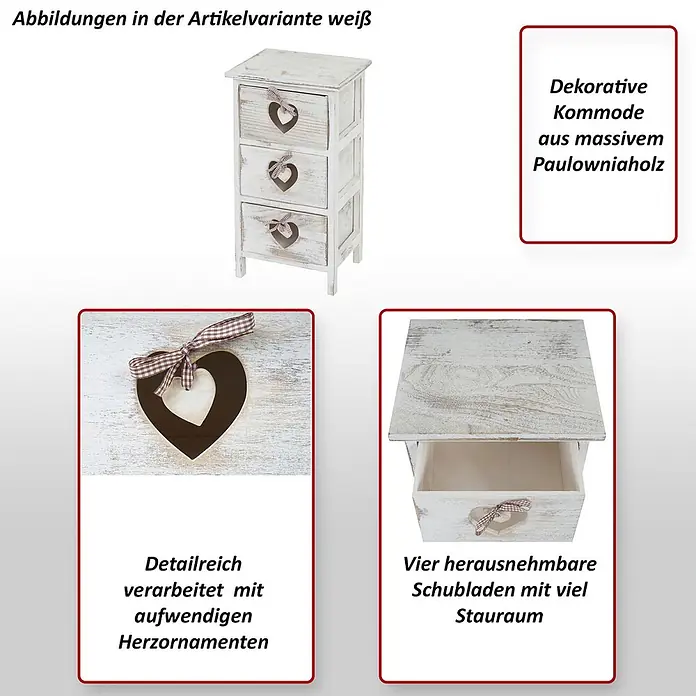 Mendler Kommode - L x B x H: 29 x 25 x 55 cm, Braun, Anzahl Schubladen: 3 Stk. - Dekorative weiße Holzkommode mit Herzornamenten und mehreren Schubladen.