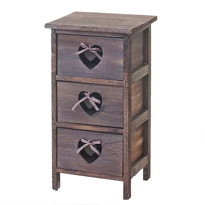 Mendler Kommode - L x B x H: 29 x 25 x 55 cm, Braun, Anzahl Schubladen: 3 Stk. - Kleiner dunkelbrauner Holzschrank mit drei Schubladen, jede mit herzförmigem Ausschnitt und rot-weiß karierter Schleife.