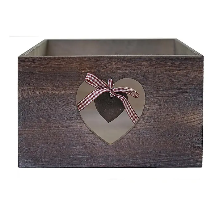 Mendler Kommode - L x B x H: 29 x 25 x 55 cm, Braun, Anzahl Schubladen: 3 Stk. - Dunkelbraune Holzkiste mit herzförmigem Ausschnitt vorne, verziert mit einem kleineren dunklen Herz und einem rot-weiß karierten Band.