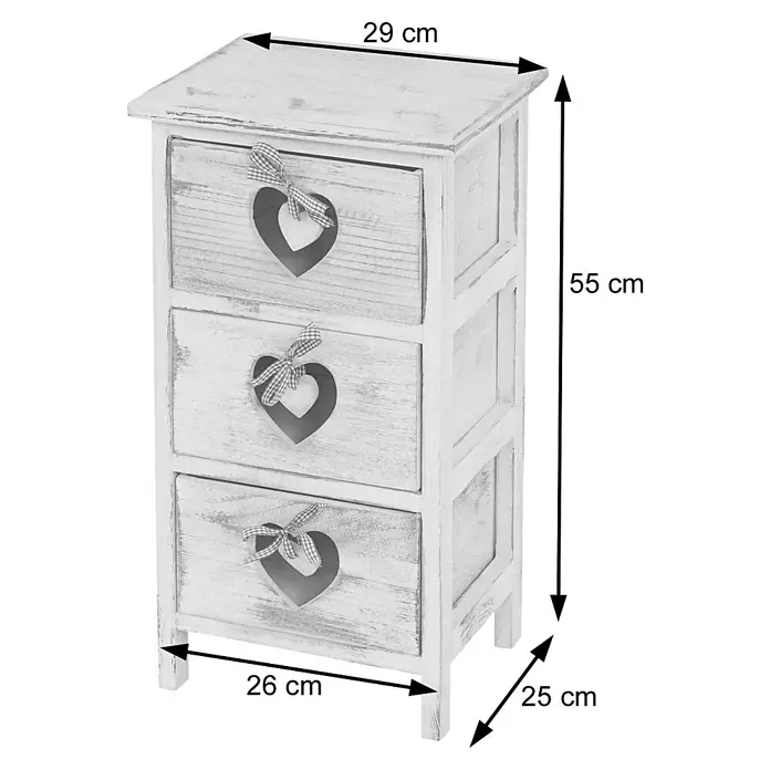 Mendler Kommode - L x B x H: 29 x 25 x 55 cm, Braun, Anzahl Schubladen: 3 Stk. - Shabby-Chic-Kommode aus weißem Holz mit drei Schubladen, jede mit Herz-Ausschnitt und Vichy-Schleife.