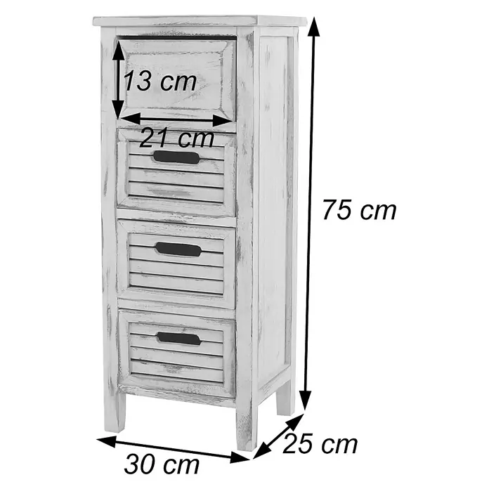 Mendler Kommode T18 74x30x25cm - weiß -  - Weiß patinierte Holzkommode, 75x30x25 cm, mit vier Schubladen, davon eine kleinere oben.